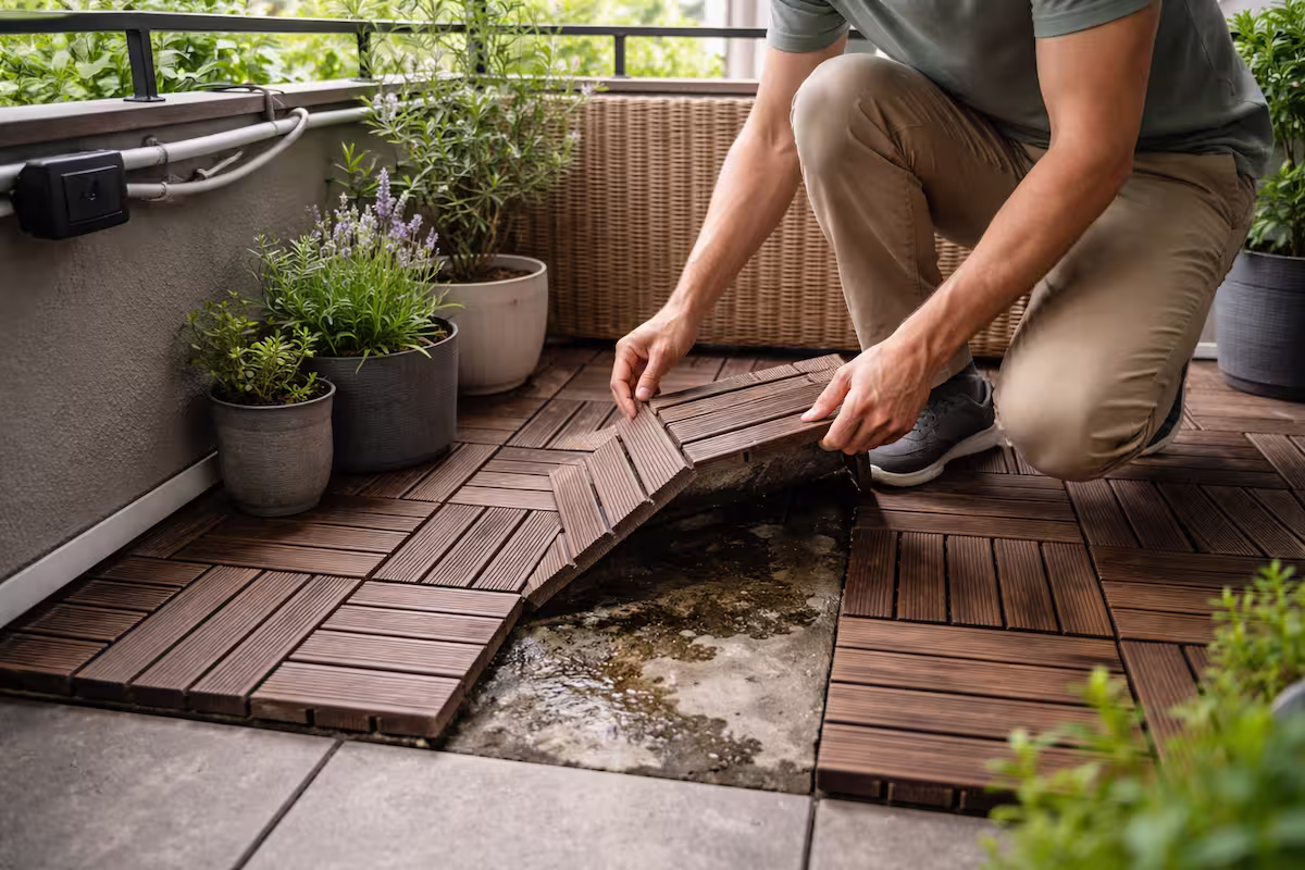 Person hebt Holz-Klickfliesen auf einem Stadtbalkon an und zeigt Feuchtigkeit darunter – typisches Beispiel für DIY Balkon Fehler