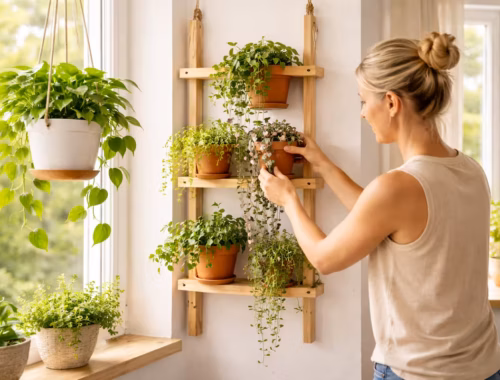 Frau befestigt mehrere Blumentöpfe an einem selbstgebauten Wandregal als DIY Pflanzenhalter vertikal neben einem hellen Fenster mit natürlichem Tageslicht