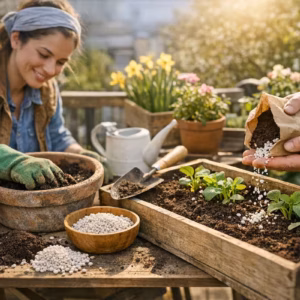 Frau und Mann bepflanzen im Frühling einen Balkonkasten und einen Blumentopf mit frischer Erde und Dünger auf einem sonnigen Balkon – Erde im Frühling richtig vorbereiten und versorgen