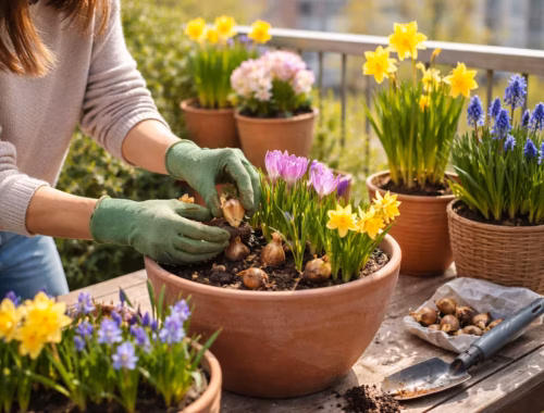 Frühblüher im Topf auf einem Balkon: Hände setzen Blumenzwiebeln in einen Terrakottakübel, umgeben von blühenden Narzissen, Krokussen und Traubenhyazinthen im Frühlingslicht