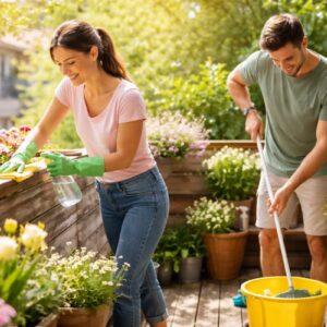 Balkon Frühjahrsputz in 60 Minuten: Paar reinigt Balkon mit Eimer, Wischmopp und Tuch zwischen blühenden Pflanzen bei sonnigem Frühlingslicht