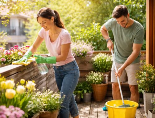 Balkon Frühjahrsputz in 60 Minuten: Paar reinigt Balkon mit Eimer, Wischmopp und Tuch zwischen blühenden Pflanzen bei sonnigem Frühlingslicht