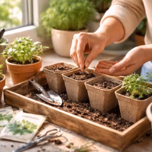 Kräuter vorziehen auf der Fensterbank: Hände säen Samen in kleine Pflanzgefäße neben frischen Keimlingen und Gartenzubehör im warmen Tageslicht