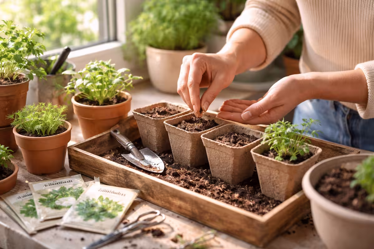 Kräuter vorziehen auf der Fensterbank: Hände säen Samen in kleine Pflanzgefäße neben frischen Keimlingen und Gartenzubehör im warmen Tageslicht