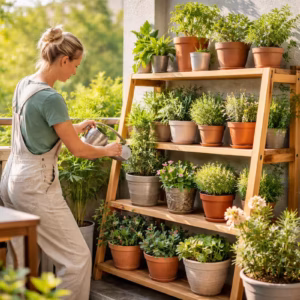 Person gießt Pflanzen auf einem stabilen Holzregal auf dem Balkon – kompaktes Pflanzenregal Balkon mit mehreren Ebenen für platzsparende Bepflanzung