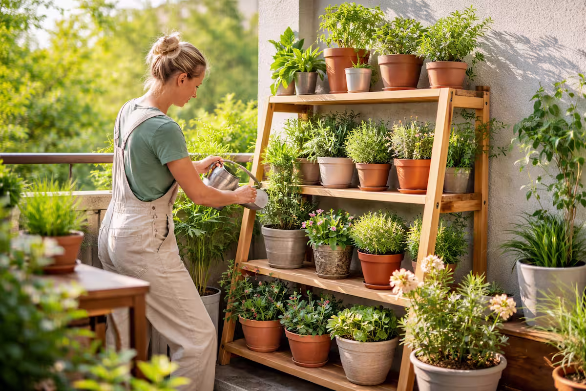 Person gießt Pflanzen auf einem stabilen Holzregal auf dem Balkon – kompaktes Pflanzenregal Balkon mit mehreren Ebenen für platzsparende Bepflanzung
