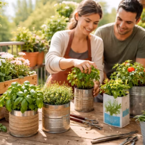 Frau bepflanzt Upcycling-Behälter aus Dosen und Gläsern auf einem Balkon – Pflanzgefäße Upcycling für harmonische Gestaltung von Fensterbank und Balkon