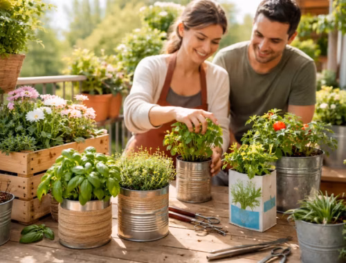 Frau bepflanzt Upcycling-Behälter aus Dosen und Gläsern auf einem Balkon – Pflanzgefäße Upcycling für harmonische Gestaltung von Fensterbank und Balkon