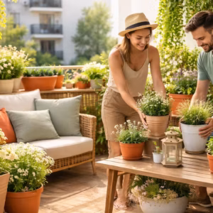 Balkon Farben kombinieren auf einem sonnigen Balkon mit abgestimmten Pflanzen, Töpfen und Sitzbereich in harmonischen Naturtönen