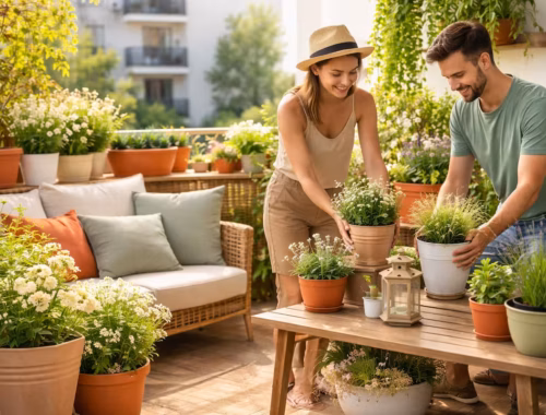 Balkon Farben kombinieren auf einem sonnigen Balkon mit abgestimmten Pflanzen, Töpfen und Sitzbereich in harmonischen Naturtönen