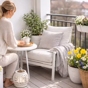 Moderner weißer Balkon mit dezenter Balkon Frühlingsdeko – helle Sitzecke mit weißen Möbeln, Frühlingsblumen in Töpfen und ruhiger, stilvoller Atmosphäre.