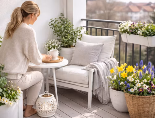 Moderner weißer Balkon mit dezenter Balkon Frühlingsdeko – helle Sitzecke mit weißen Möbeln, Frühlingsblumen in Töpfen und ruhiger, stilvoller Atmosphäre.