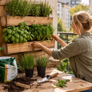 Balkon Kräuterwand aus Holz mit frischen Kräutern wie Basilikum, Petersilie und Thymian, Person beim Bepflanzen auf einem sonnigen Stadtbalkon