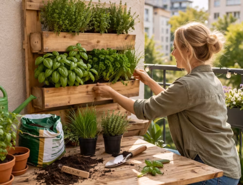 Wie baust du eine Balkon Kräuterwand die wirklich praktisch ist 8 Balkon Kräuterwand aus Holz mit frischen Kräutern wie Basilikum, Petersilie und Thymian, Person beim Bepflanzen auf einem sonnigen Stadtbalkon