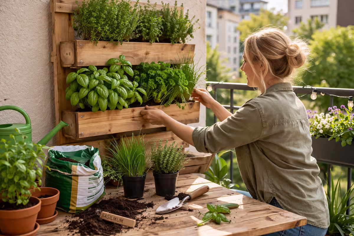 Balkon Kräuterwand aus Holz mit frischen Kräutern wie Basilikum, Petersilie und Thymian, Person beim Bepflanzen auf einem sonnigen Stadtbalkon