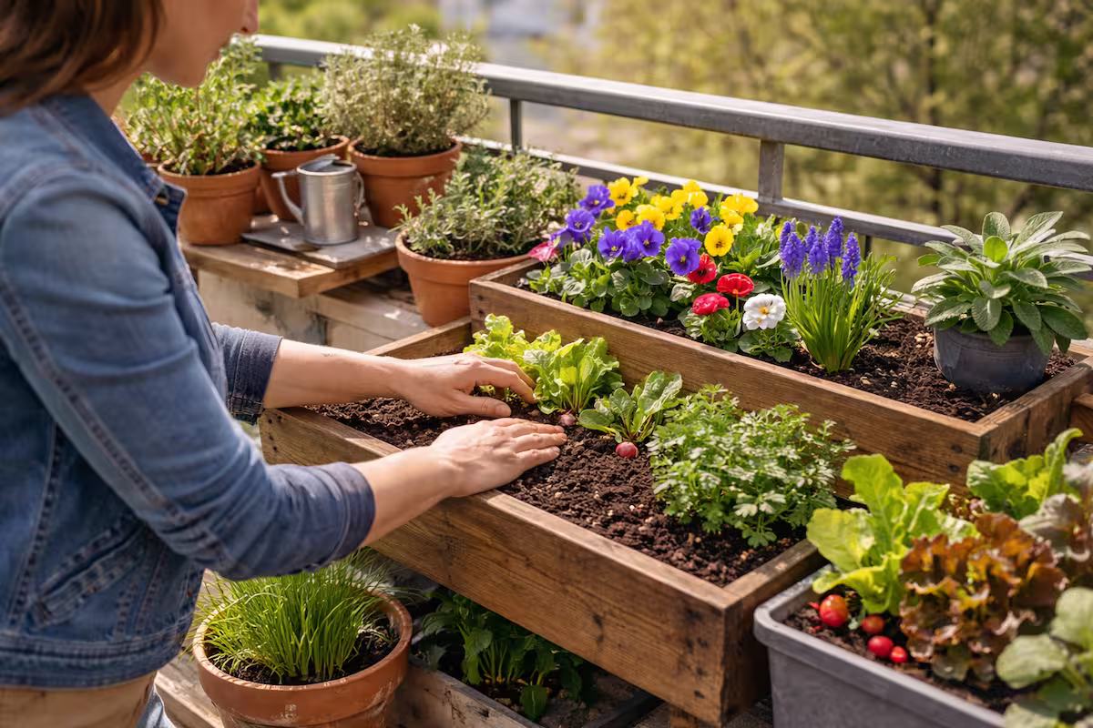 Balkongärtnerin bepflanzt im Frühling mehrere Kästen mit Kräutern, Frühblühern und Salat – Inspiration für Balkon im April.