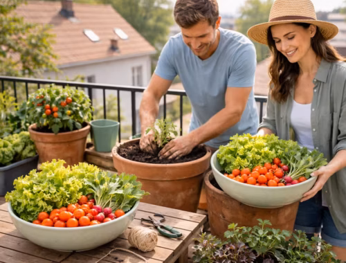 Balkongemüse anbauen auf kleinem Stadtbalkon mit Tomaten, Salat und Radieschen in Töpfen während der Ernte und Pflanzarbeit
