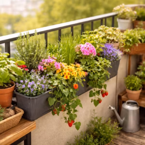 Balkonkasten platzsparend bepflanzen mit Kräutern, Blumen und Erdbeeren auf einem kleinen Balkon mit mehreren Pflanzebenen und kompakter Anordnung
