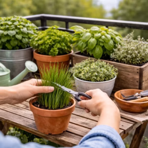 Balkonkräuter auf einem kleinen Balkon: Hände schneiden frischen Schnittlauch zwischen mehreren Kräutertöpfen auf einem Holztisch