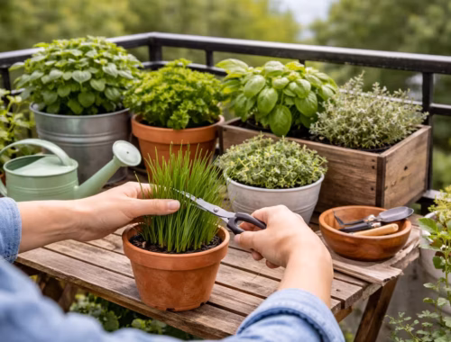 Balkonkräuter auf einem kleinen Balkon: Hände schneiden frischen Schnittlauch zwischen mehreren Kräutertöpfen auf einem Holztisch