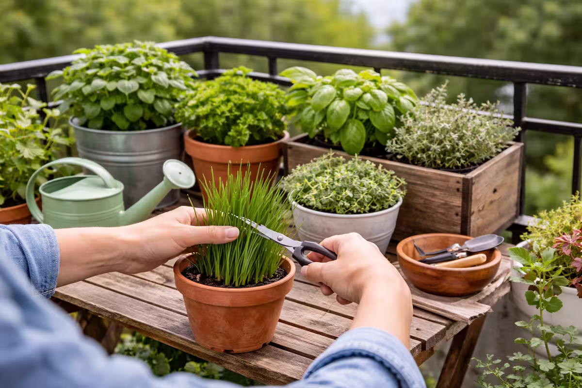 Balkonkräuter auf einem kleinen Balkon: Hände schneiden frischen Schnittlauch zwischen mehreren Kräutertöpfen auf einem Holztisch