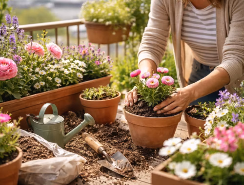 Diese 9 Fehler solltest du bei der Bepflanzung im Frühling vermeiden 30 Bepflanzung im Frühling auf dem Balkon: Hände setzen blühende Pflanzen in Töpfe auf einem sonnigen Balkon mit Blumenkästen und Gartengeräten