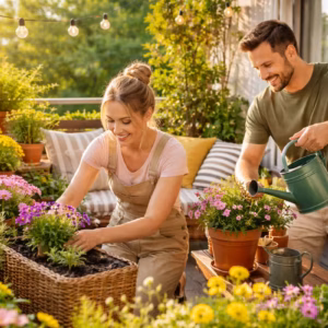 Paar bepflanzt und dekoriert einen Balkon mit Frühlingsblumen und Kräutern beim Frühlingsbalkon gestalten in warmer Nachmittagssonne
