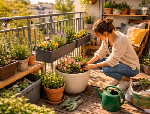 So kannst du deinen Frühlingsbalkon pflegen und Ordnung halten 40 Person pflegt einen ordentlich strukturierten Stadtbalkon mit Blumentöpfen, Kräutern und Gartengeräten beim Frühlingsstart – Frühlingsbalkon pflegen und Ordnung halten