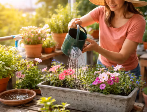 Frau gießt im Frühling Blumen im Balkonkasten mit Gießkanne, sichtbarer Untersetzer mit Wasser als Hinweis auf typische Gießfehler im Frühling