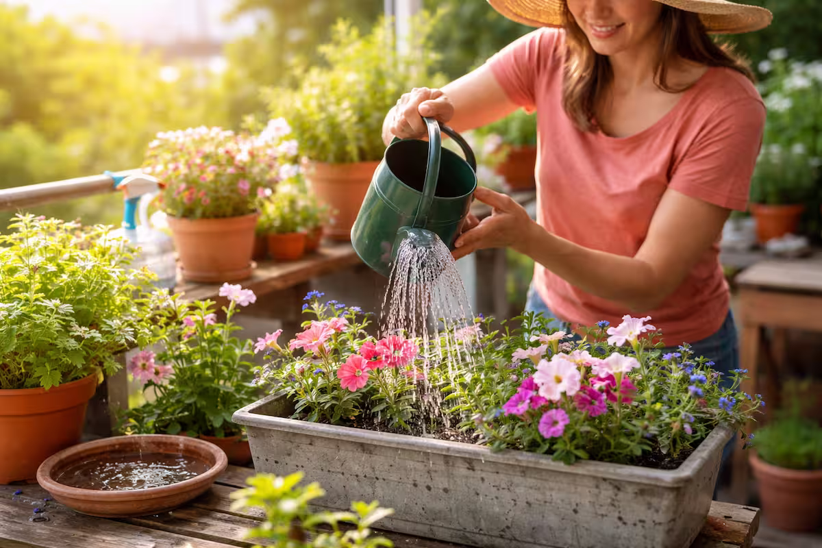 Frau gießt im Frühling Blumen im Balkonkasten mit Gießkanne, sichtbarer Untersetzer mit Wasser als Hinweis auf typische Gießfehler im Frühling