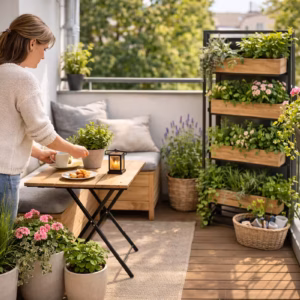 Kleinen Balkon einrichten: Frau gestaltet einen schmalen Balkon mit platzsparender Bank, vertikalem Pflanzenregal, einheitlichen Pflanzgefäßen und kleinem Tisch für eine gemütliche, platzsparende Balkonlösung.