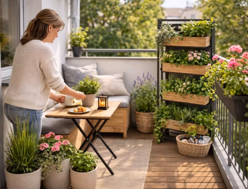 Kleinen Balkon einrichten: Frau gestaltet einen schmalen Balkon mit platzsparender Bank, vertikalem Pflanzenregal, einheitlichen Pflanzgefäßen und kleinem Tisch für eine gemütliche, platzsparende Balkonlösung.
