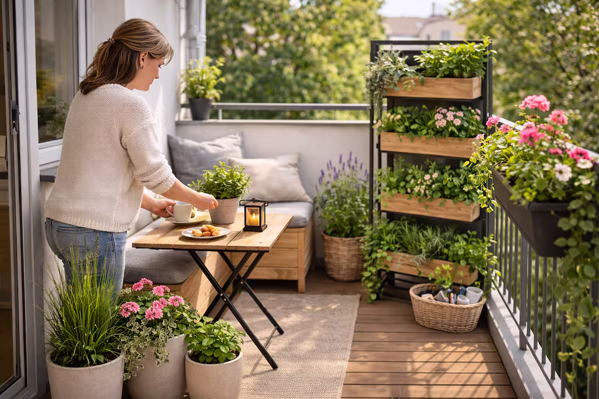 Kleinen Balkon einrichten: Frau gestaltet einen schmalen Balkon mit platzsparender Bank, vertikalem Pflanzenregal, einheitlichen Pflanzgefäßen und kleinem Tisch für eine gemütliche, platzsparende Balkonlösung.