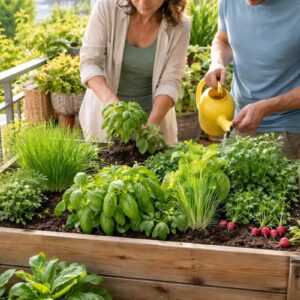 Mini-Hochbeet Balkon mit frischen Kräutern und Gemüse auf einem sonnigen Stadtbalkon, zwei Personen pflanzen Basilikum, Salat und Radieschen in ein kleines Holzhochbeet.