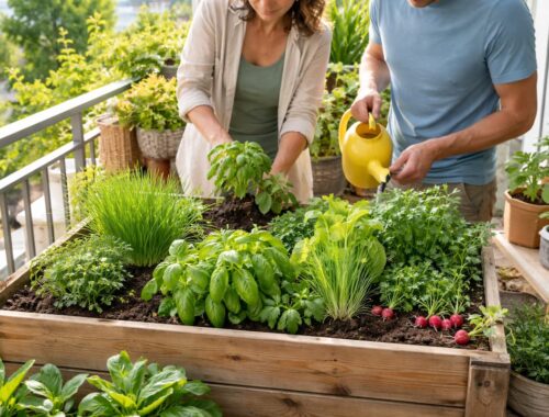 Mini-Hochbeet Balkon mit frischen Kräutern und Gemüse auf einem sonnigen Stadtbalkon, zwei Personen pflanzen Basilikum, Salat und Radieschen in ein kleines Holzhochbeet.
