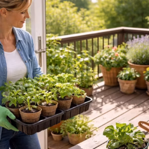 Pflanzen abhärten: Frau trägt junge Gemüsepflanzen in kleinen Töpfen aus der Wohnung auf einen sonnigen Balkon, um die Pflanzen langsam an die Außenbedingungen zu gewöhnen.