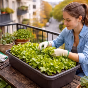 Salat auf Balkon anbauen in einem Balkonkasten mit frischem Pflücksalat, Person erntet grüne Blätter auf kleinem Stadtbalkon