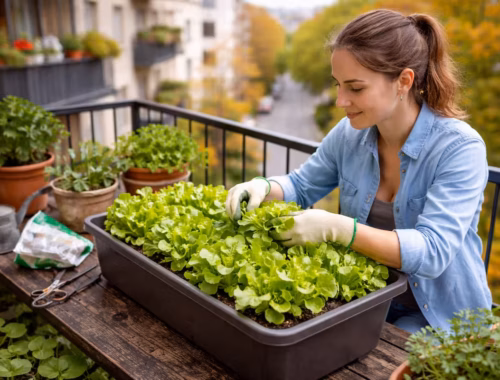 Lohnt sich Salat auf dem Balkon auch bei wenig Platz 30 Salat auf Balkon anbauen in einem Balkonkasten mit frischem Pflücksalat, Person erntet grüne Blätter auf kleinem Stadtbalkon