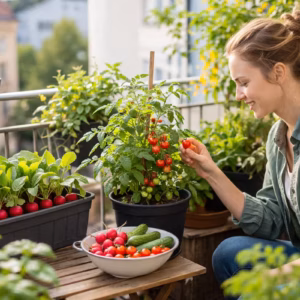 Snackgemüse Balkon mit Tomaten und Radieschen auf einem sonnigen Stadtbalkon, Person bei der Ernte frischer Gemüse aus Kübeln und Balkonkästen