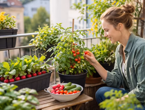 Snackgemüse Balkon mit Tomaten und Radieschen auf einem sonnigen Stadtbalkon, Person bei der Ernte frischer Gemüse aus Kübeln und Balkonkästen