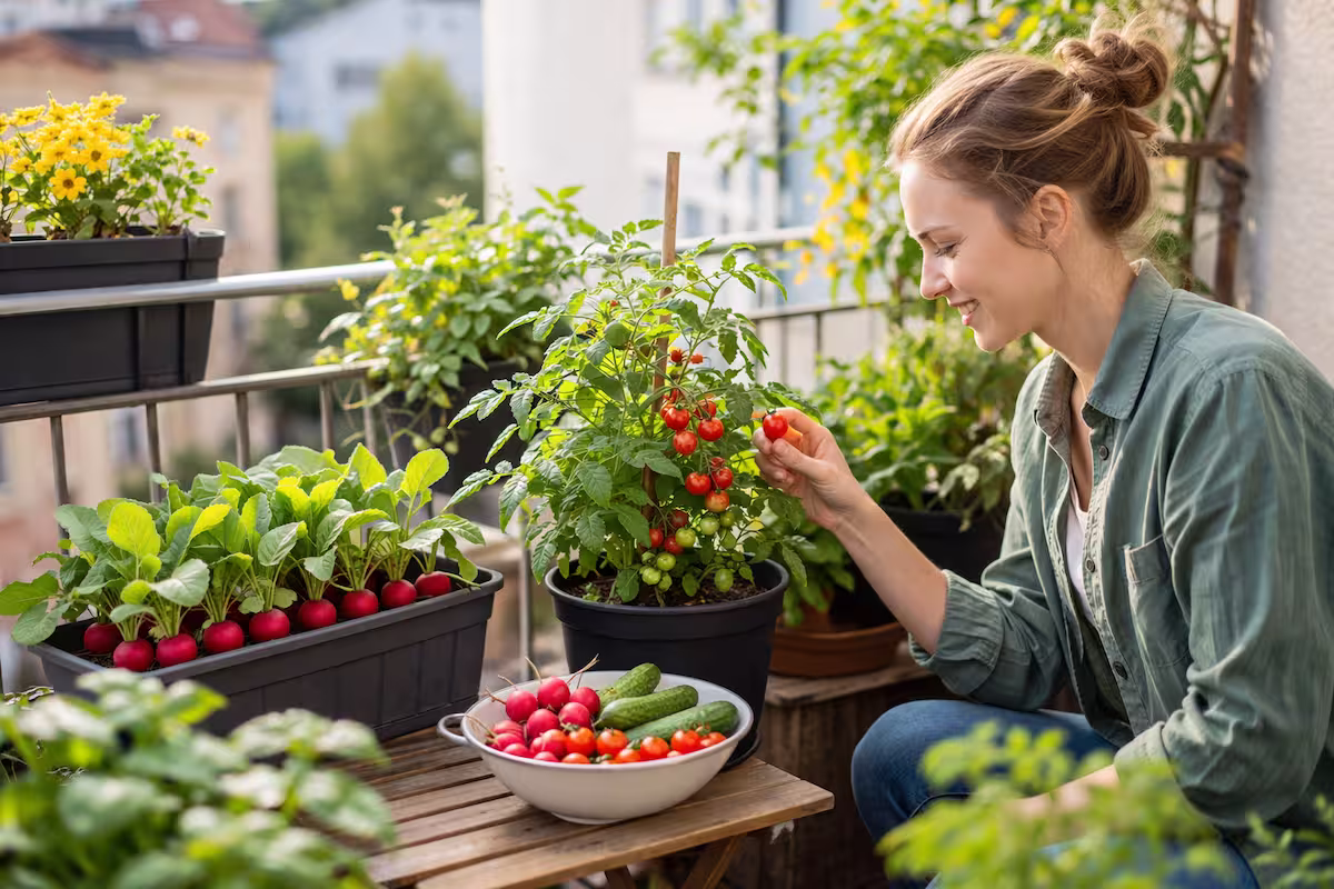 Snackgemüse Balkon mit Tomaten und Radieschen auf einem sonnigen Stadtbalkon, Person bei der Ernte frischer Gemüse aus Kübeln und Balkonkästen