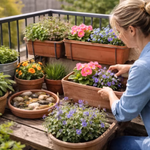 Frau bepflanzt einen Frühlingsbalkon mit Kräutern und Blumen für einen bienenfreundlicher Balkon, daneben eine flache Wasserschale mit Steinen zwischen Blumentöpfen.