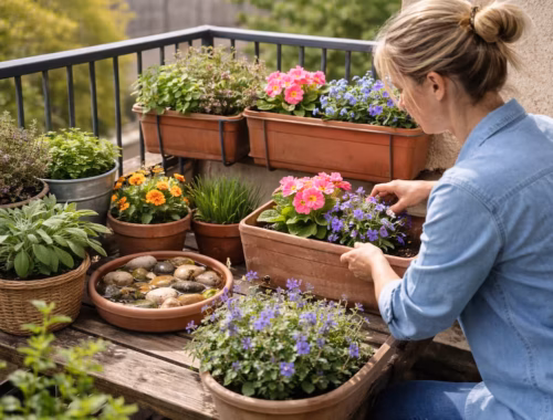 Frau bepflanzt einen Frühlingsbalkon mit Kräutern und Blumen für einen bienenfreundlicher Balkon, daneben eine flache Wasserschale mit Steinen zwischen Blumentöpfen.