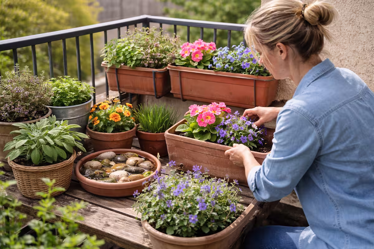 Frau bepflanzt einen Frühlingsbalkon mit Kräutern und Blumen für einen bienenfreundlicher Balkon, daneben eine flache Wasserschale mit Steinen zwischen Blumentöpfen.