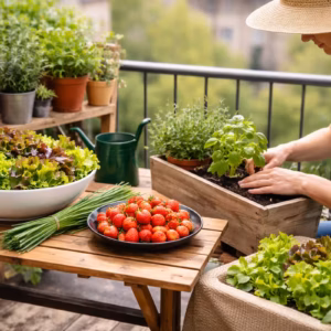 mit essbaren Pflanzen für Anfänger mit bepflanzte Balkonkasten, frischen Kräutern, Salat und Erdbeeren auf einem kleinen Stadtbalkon