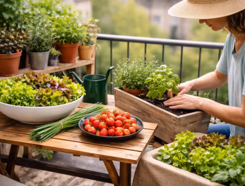 mit essbaren Pflanzen für Anfänger mit bepflanzte Balkonkasten, frischen Kräutern, Salat und Erdbeeren auf einem kleinen Stadtbalkon