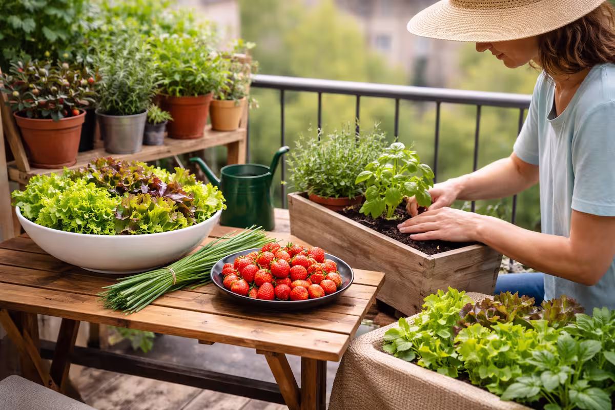 mit essbaren Pflanzen für Anfänger mit bepflanzte Balkonkasten, frischen Kräutern, Salat und Erdbeeren auf einem kleinen Stadtbalkon