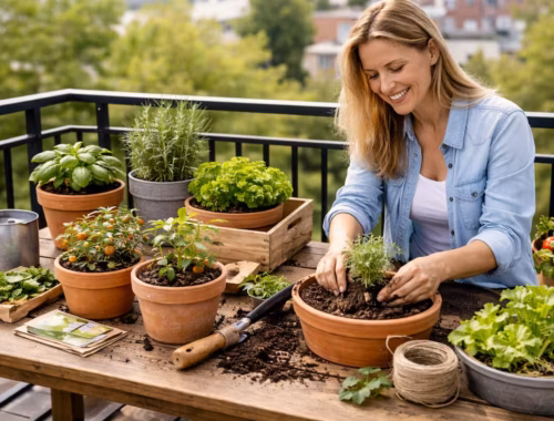 Person bereitet einen essbaren Balkon vor und pflanzt Kräuter und Gemüse in Töpfe auf einem sonnigen Balkon.