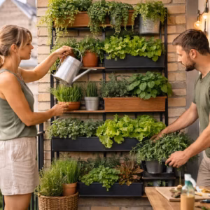 Balkon-Wandgarten auf einem Stadtbalkon mit vertikalem Pflanzregal, Kräutern und Salat, während zwei Personen die Pflanzen pflegen