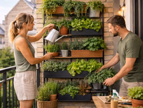 Welche Balkon-Wandgarten Lösung passt zu deinem Balkon? 8 Balkon-Wandgarten auf einem Stadtbalkon mit vertikalem Pflanzregal, Kräutern und Salat, während zwei Personen die Pflanzen pflegen